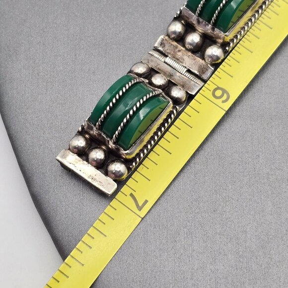 VTG RRA Mexican Sterling Silver Green Onyx Panel Link Bracelet 7" Rope Detail 40 - Picture 10 of 16